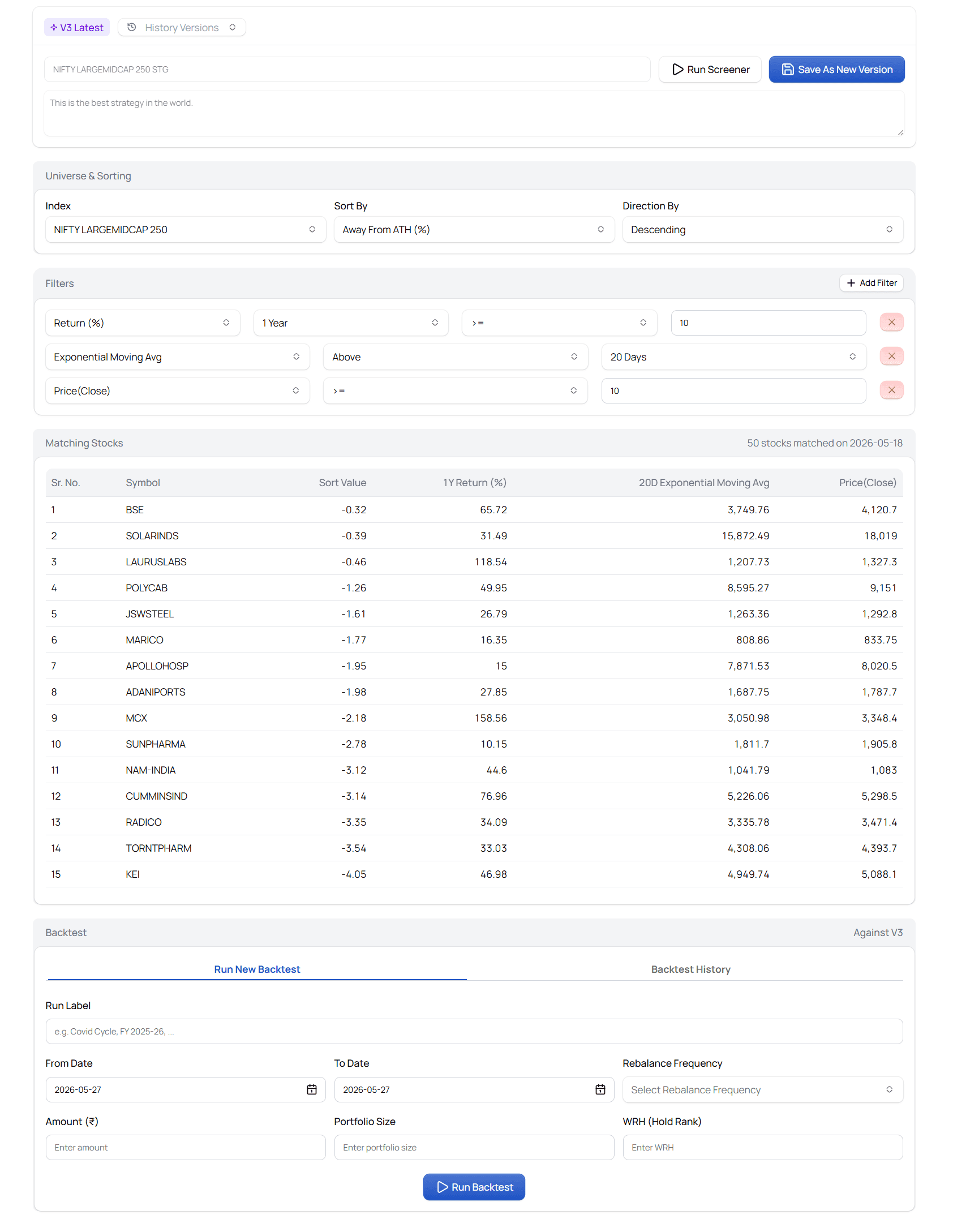 EquityCase Strategy Builder — Build, filter, and backtest trading strategies visually